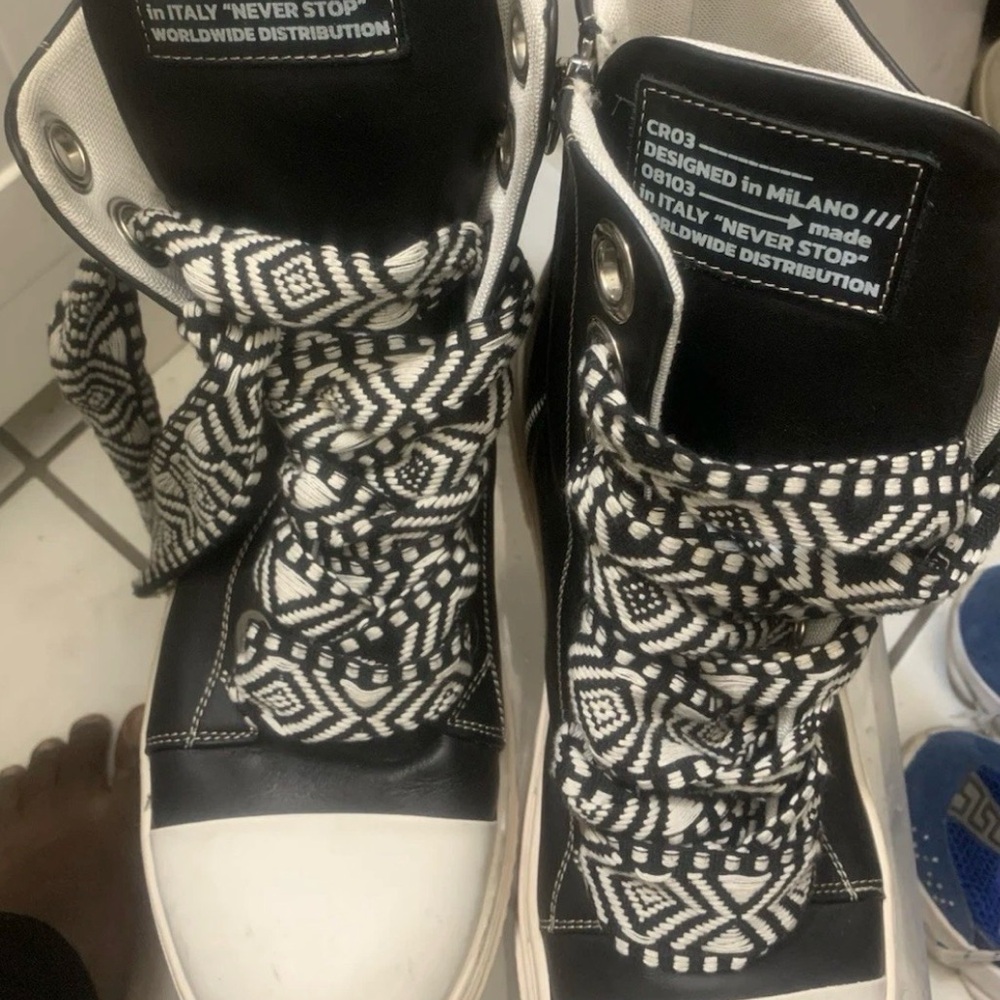 Black High-Top Boots with Patterned Laces